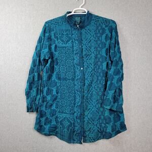 JOHNNY WAS Teal Floral Eyelet Back LS Button Up Shirt Women's Plus XXL